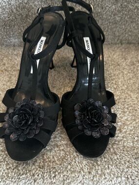 Manolo Blahnik Black Floral T-Strap Heels